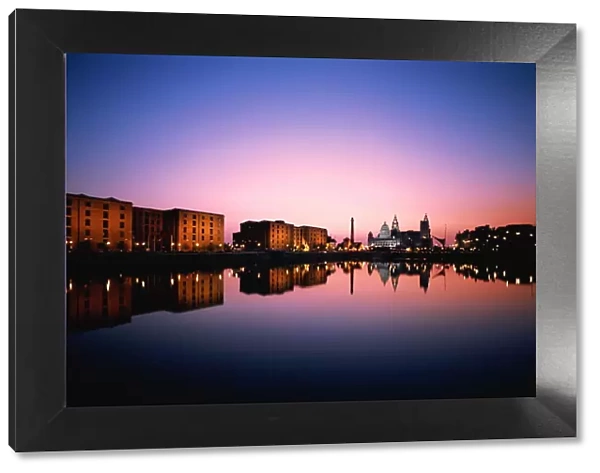 England, Salthouse Dock, Port of Liverpool and Liver Buildings, night