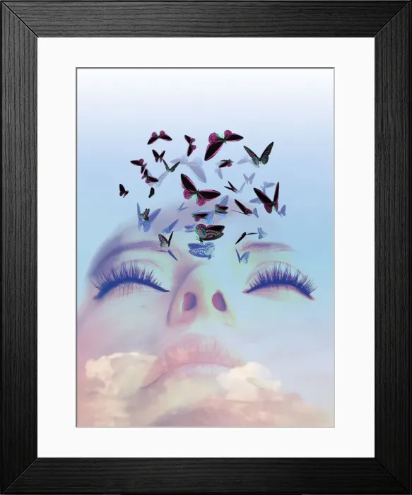 Framed Print : Sleeping woman dreaming of butterflies, illustration Framed Print : Sleeping woman dreaming of butterflies, illustration