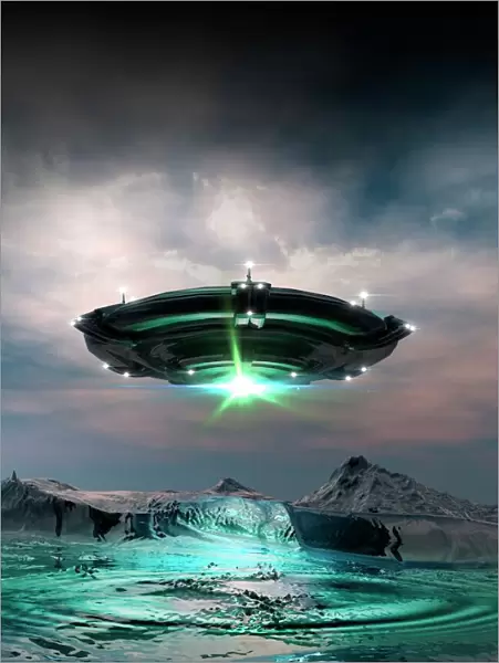 Ufo above planet surface, illustration