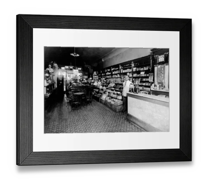 Framed Print : adult, antique, black & white, caucasian, country store, drug store, full-length Framed Print : adult, antique, black & white, caucasian, country store, drug store, full-length