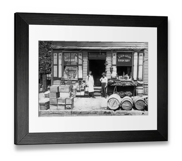 Framed Print : 521, barrels, black & white, caucasian, crates, exterior, grocery, historical, men