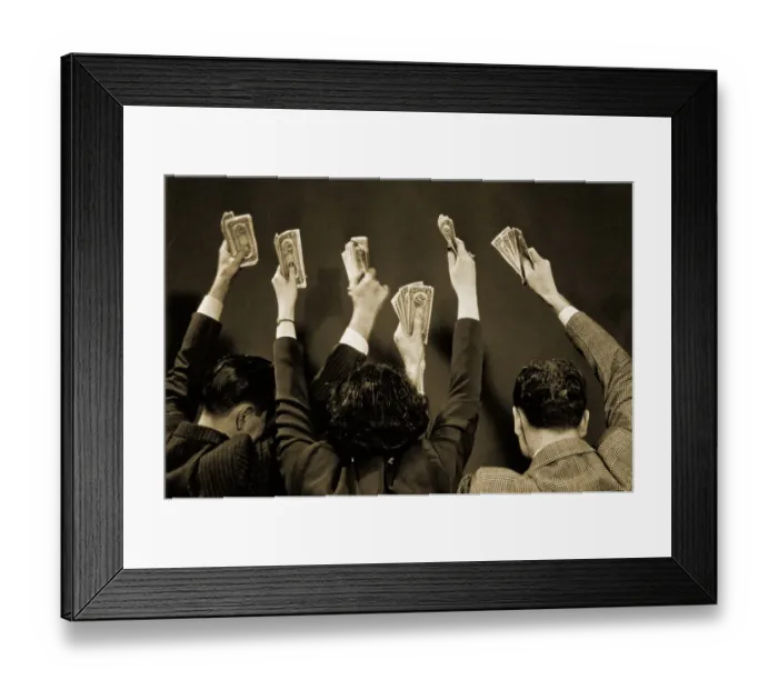 Framed Print : Back View of 2 Men & Woman Holding Cash Framed Print : Back View of 2 Men & Woman Holding Cash
