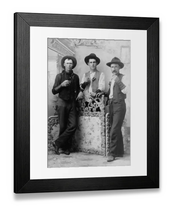 Framed Print : adults, archival, black & white, caucasian, cowboy hats, cowboys, drinking, eye contact