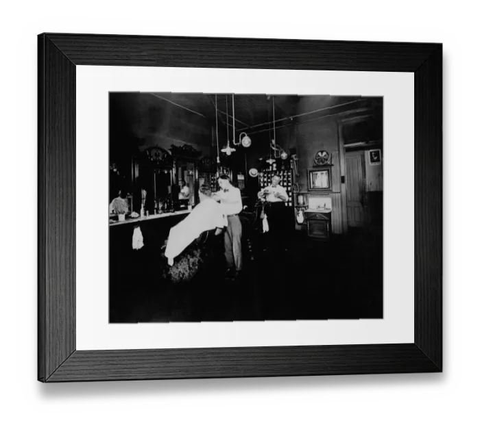 Framed Print : 521, adults, antique, barber shop, black & white, caucasian, hair, hair cut, historical