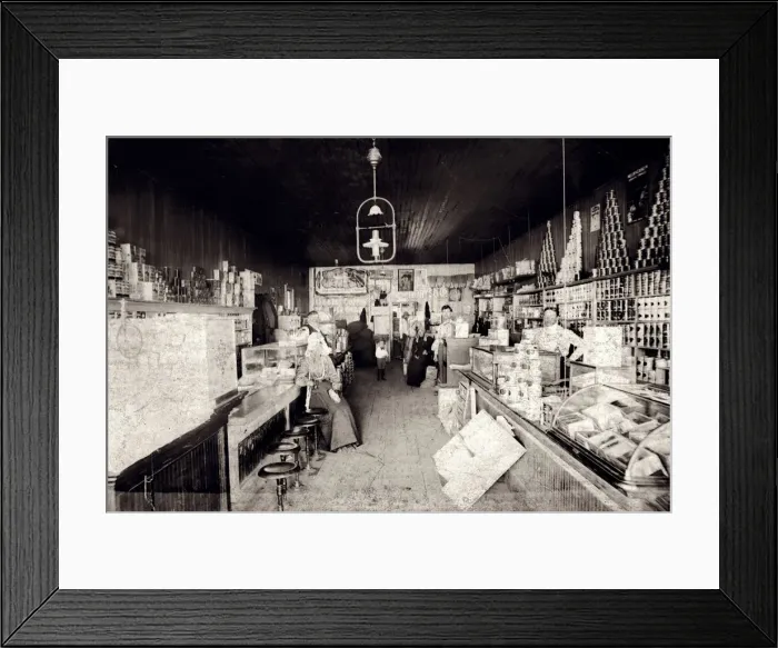 Framed Print : 521, adults, antique, black & white, caucasian, counters, country store, female, general store Framed Print : 521, adults, antique, black & white, caucasian, counters, country store, female, general store