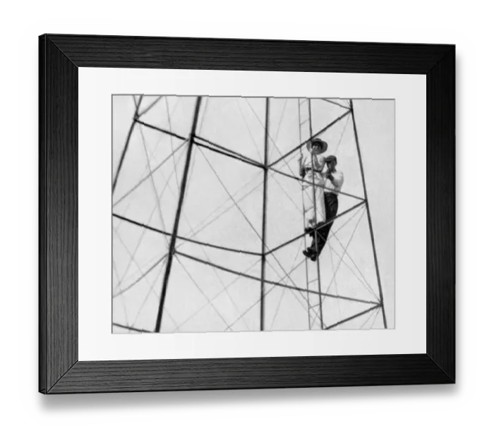Framed Print : adolescent, adult, archival, black & white, boy, caucasian, climbing, electrical tower
