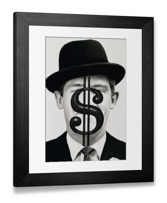 Framed Print : Dollar Sign over Face of Man in Hat in Black and White Framed Print : Dollar Sign over Face of Man in Hat in Black and White