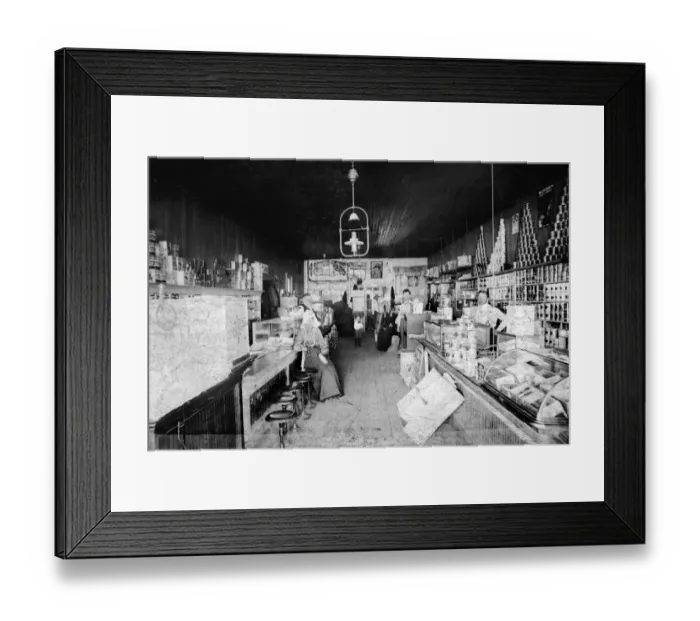 Framed Print : 521, adults, antique, black & white, caucasian, counter, country store, female, general store