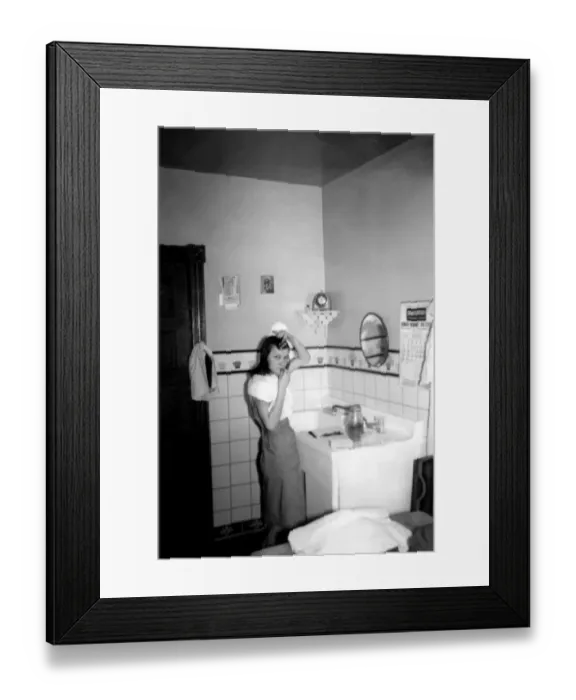 Framed Print : 522, adult, antique, bathroom, black & white, brunette, caucasian, eye contact, female Framed Print : 522, adult, antique, bathroom, black & white, brunette, caucasian, eye contact, female