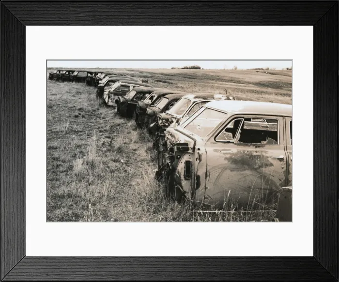 Framed Print : Abandoned Cars in a Row in a Field
