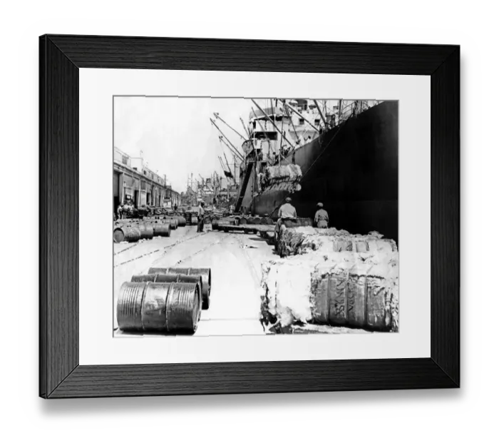 Framed Print : 521, adults, antique, barrels, black & white, boats, cargo, cotton, cotton bales