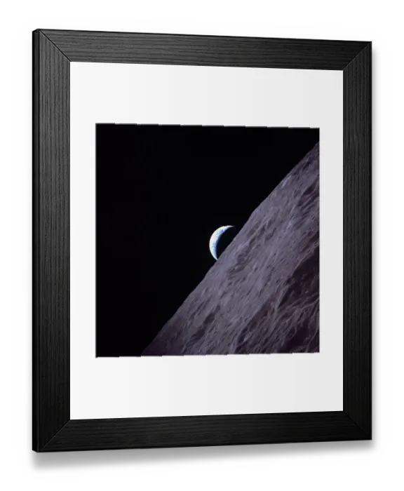 Framed Print : Crescent Earth rises above the lunar horizon in this picture from the Apollo 17 Framed Print : Crescent Earth rises above the lunar horizon in this picture from the Apollo 17