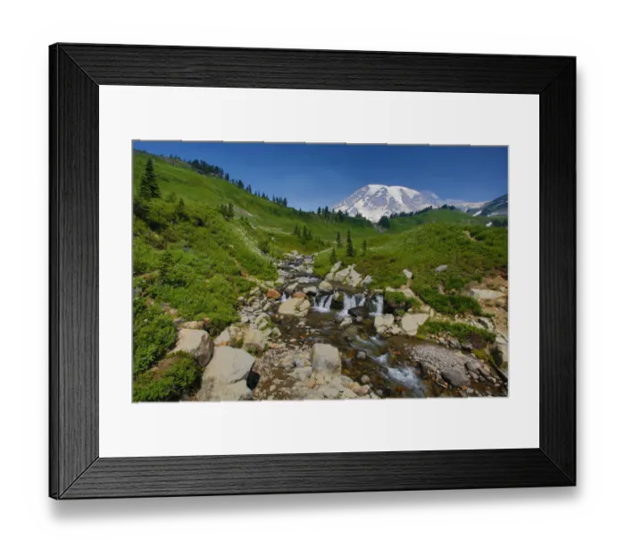 Framed Print : Mount Rainier and Edith Creek cascade, Mount Rainier National Park, Washington State, USA