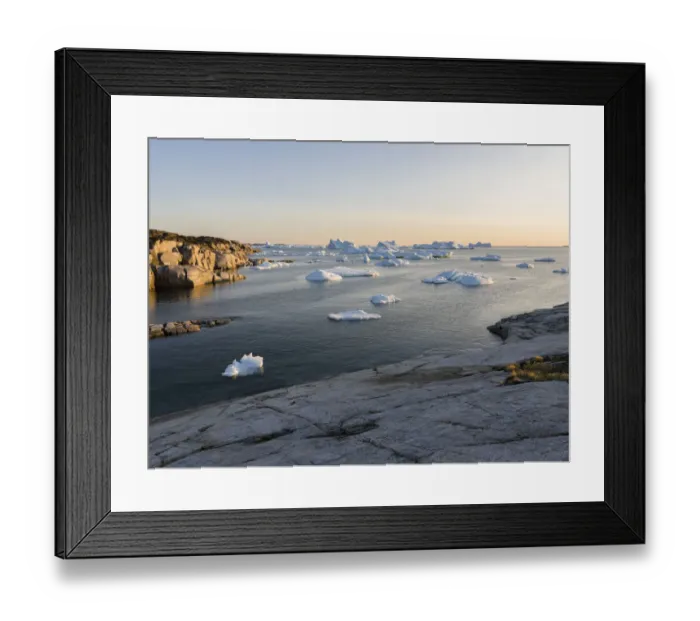 Framed Print : Coastal landscape with icebergs at Disko Bay, Oqaatsut (Rodebay), Greenland, Denmark Framed Print : Coastal landscape with icebergs at Disko Bay, Oqaatsut (Rodebay), Greenland, Denmark