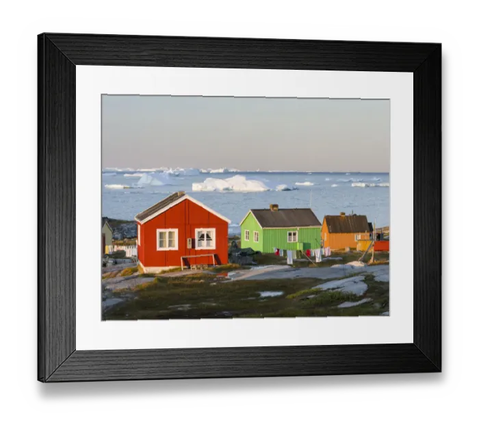 Framed Print : Inuit village at Disko Bay, Oqaatsut (Rodebay), Greenland, Denmark Framed Print : Inuit village at Disko Bay, Oqaatsut (Rodebay), Greenland, Denmark