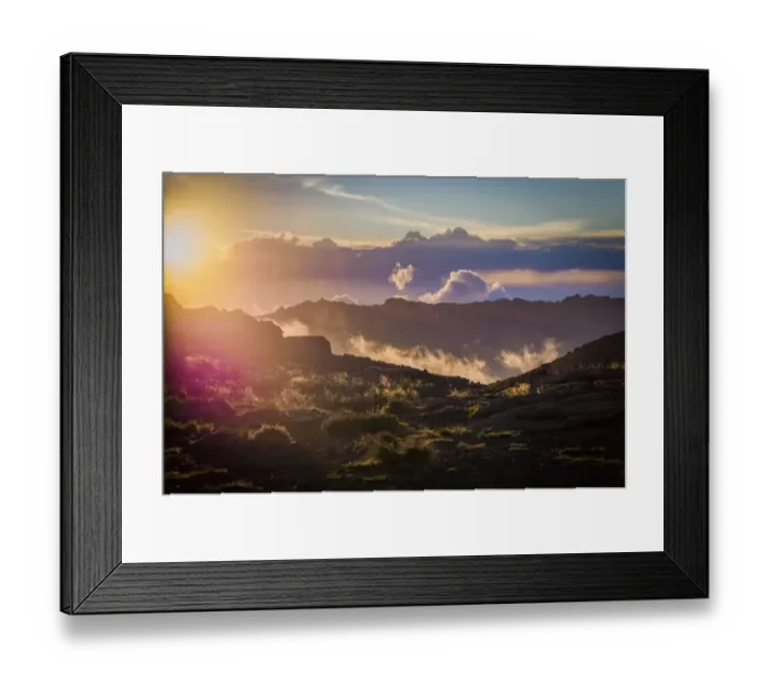 Framed Print : Scenic sunset view from Moir Huts Camp, alpine zone, Mount Kilimanjaro, Kilimanjaro Region, Tanzania Framed Print : Scenic sunset view from Moir Huts Camp, alpine zone, Mount Kilimanjaro, Kilimanjaro Region, Tanzania