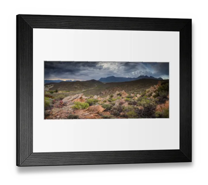 Framed Print : Panoramic wide angle landscape photos of the Brandwaght mountains in Worcester South Africa