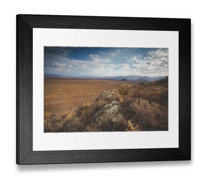 Framed Print : Panoramic views over the Tankwa Karoo Desert with dramatic thunderclouds in the sky