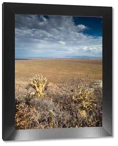 Panoramic views over the Tankwa Karoo Desert with dramatic thunderclouds in the sky