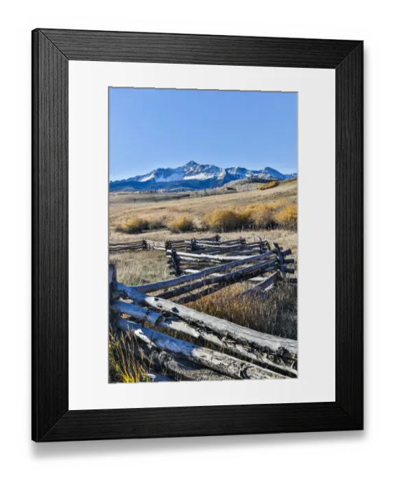 Framed Print : Fence along field and snow-capped San Juan Mountains, Ridgway, Colorado, USA Framed Print : Fence along field and snow-capped San Juan Mountains, Ridgway, Colorado, USA