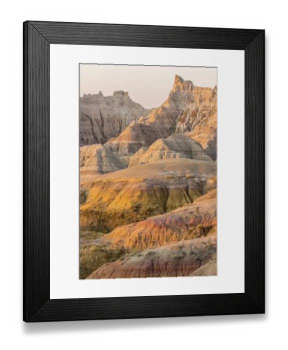 Framed Print : Sunrise over eroded formations, Badlands National Park, South Dakota, USA Framed Print : Sunrise over eroded formations, Badlands National Park, South Dakota, USA