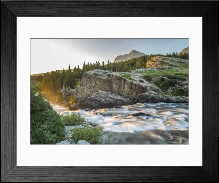 Framed Print : Swiftcurrent Falls stream at sunrise, Glacier National Park, Montana, USA