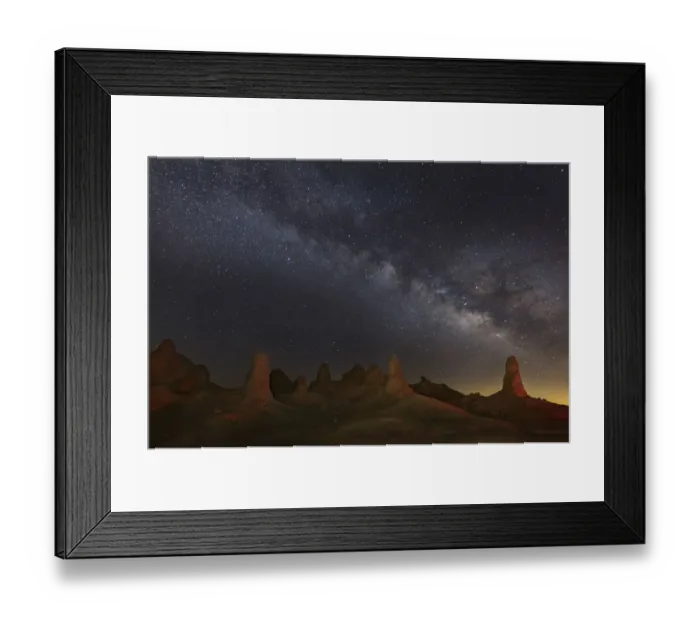 Framed Print : Milky Way and tufa towers of Trona Pinnacles at night, Mojave Desert, California, USA
