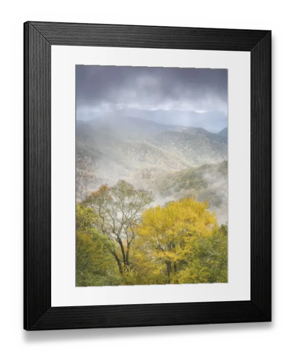 Framed Print : Scenic landscape with foggy mountains from Deep Creek Overlook in autumn, Great Smoky Mountains National Park, North Carolina, USA Framed Print : Scenic landscape with foggy mountains from Deep Creek Overlook in autumn, Great Smoky Mountains National Park, North Carolina, USA