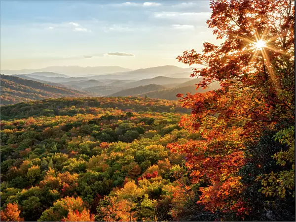 Scenic landscape in autumn from Beacon Heights, Appalachian Mountains, Blue Ridge Parkway, North Carolina, USA
