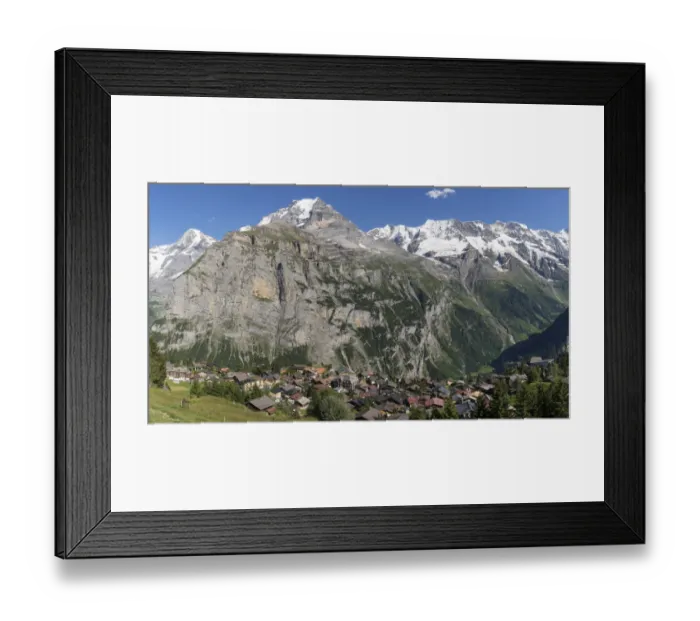 Framed Print : Murren village above Lauterbrunnen Valley with Monch mountain in background, Swiss Alps, Switzerland Framed Print : Murren village above Lauterbrunnen Valley with Monch mountain in background, Swiss Alps, Switzerland