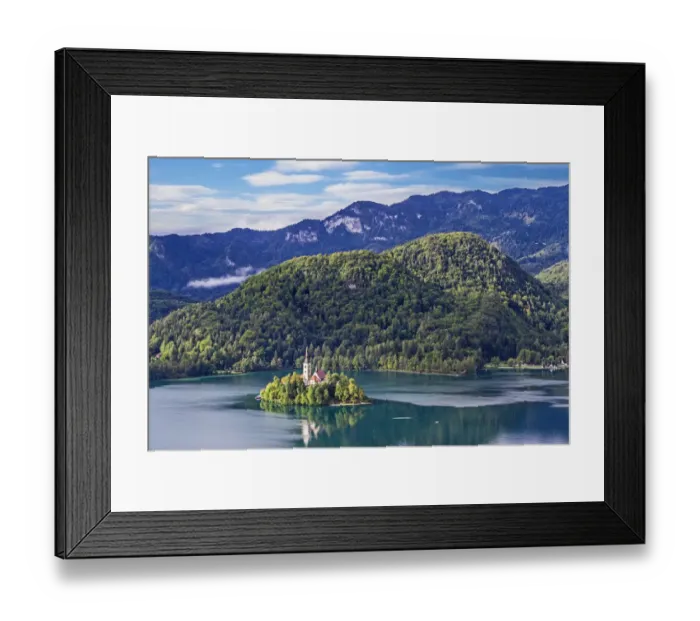 Framed Print : Assumption of Mary Church on an island at Lake Bled, and Julian Alps in background, Gorenjska, Balkan Peninsula, Carniola, Slovenia