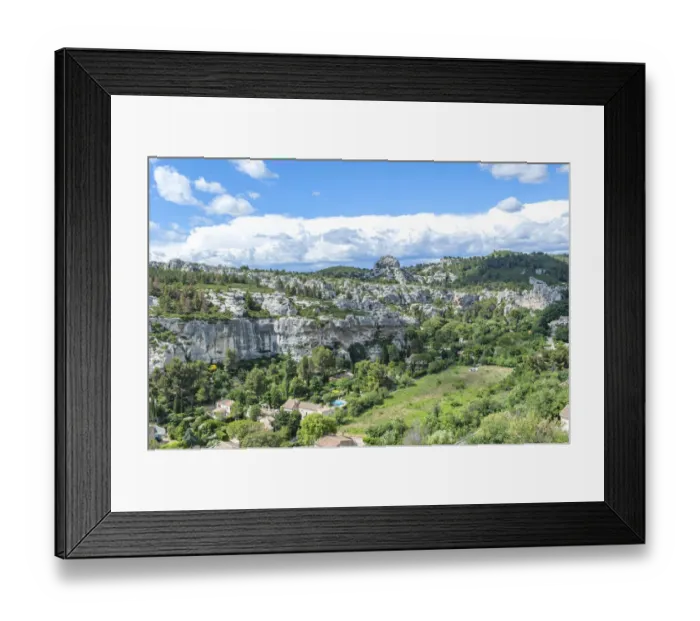 Framed Print : Aerial view of valley on sunny day, Les Baux de Provence, Provence, France Framed Print : Aerial view of valley on sunny day, Les Baux de Provence, Provence, France
