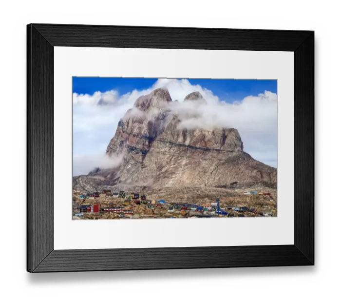 Framed Print : Uummannaq mountain (1170 m, 3839 ft. ) over fishing village, Uummannaq, Greenland