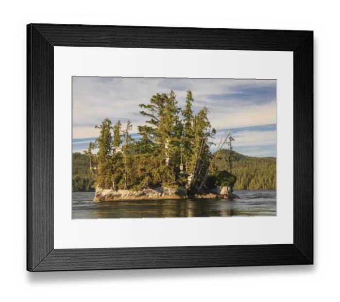 Framed Print : Island on river, Turret Rock, Nakwakto Rapids holding world record for fastest current of any navigable waterway, Northern British Columbia, Canada Framed Print : Island on river, Turret Rock, Nakwakto Rapids holding world record for fastest current of any navigable waterway, Northern British Columbia, Canada