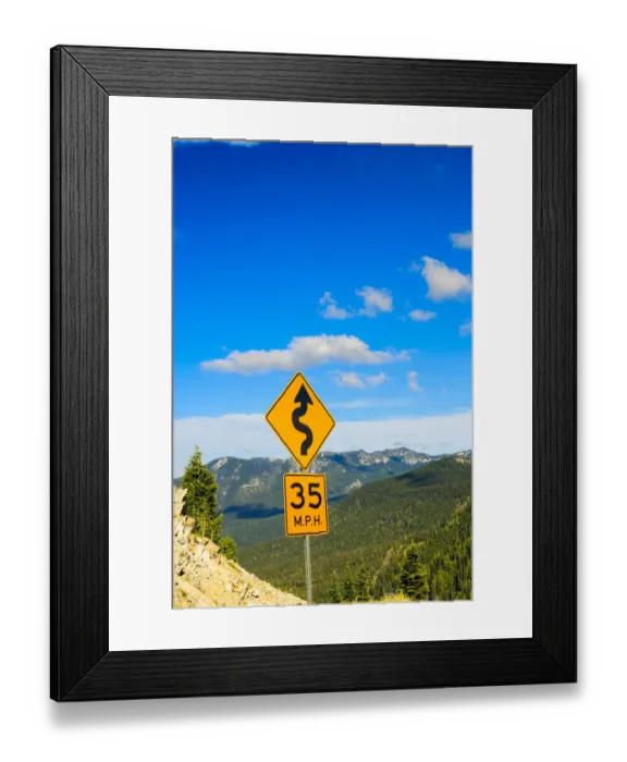 Framed Print : Winding road sign on Chinook Pass, just outside of Mt. Rainer National Park, Washington State, USA Framed Print : Winding road sign on Chinook Pass, just outside of Mt. Rainer National Park, Washington State, USA