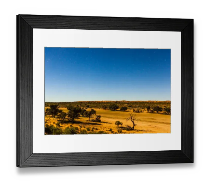 Framed Print : A full moon lights up the whole of the landscape at night in the Kgalagadi transfrontier park