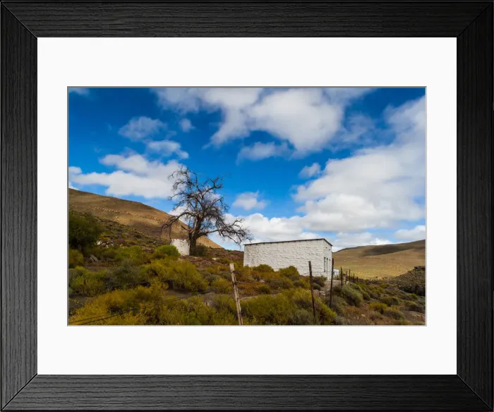 Framed Print : A typical Karoo scene, white building, colourful plants and hills. Very dry and arid landscape Framed Print : A typical Karoo scene, white building, colourful plants and hills. Very dry and arid landscape