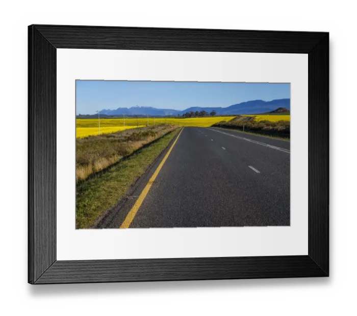Framed Print : Road to Swellendam routing through the canola fields with Langeberg Mountains in the distance, Swellendam, Western Cape Province, South Africa Framed Print : Road to Swellendam routing through the canola fields with Langeberg Mountains in the distance, Swellendam, Western Cape Province, South Africa