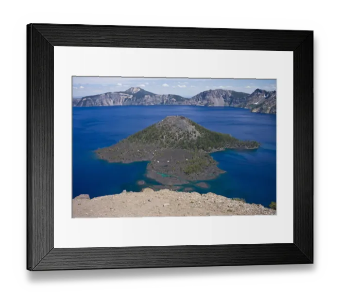 Framed Print : Scenic view of Wizard Island, a volcanic cinder cone, in Crater Lake, Crater Lake National Park, Oregon, USA