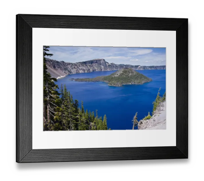 Framed Print : Scenic view of Wizard Island, a volcanic cinder cone, in Crater Lake, Crater Lake National Park, Oregon, USA