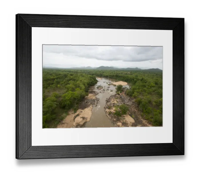 Framed Print : Faro river, located in the Faro-Lobeke hunting zone, looking north-eastwards towards mountains of the Adamawa Plateau (Massif de l Adamaoua), near to Faro National Park, Northern Cameroon