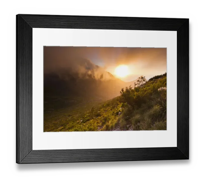 Framed Print : Scenic sunset over Table Mountain and Lions Head as seen from a hiking trail up Devils Peak, Cape Town, Western Cape Province, South Africa Framed Print : Scenic sunset over Table Mountain and Lions Head as seen from a hiking trail up Devils Peak, Cape Town, Western Cape Province, South Africa