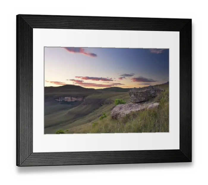Framed Print : Sunset over Drakensberg mountains with orange, pink and blue - Giants Castle South Africa Framed Print : Sunset over Drakensberg mountains with orange, pink and blue - Giants Castle South Africa