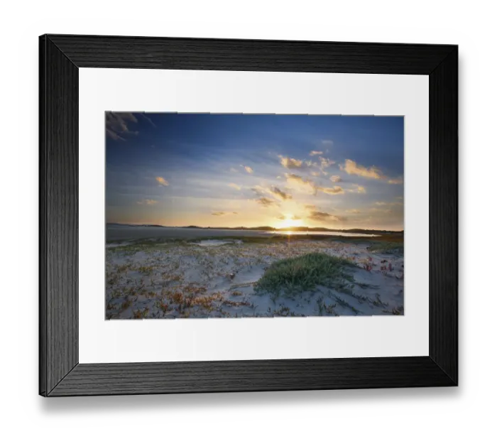 Framed Print : Cloudy sunrise over quiet lagoon with cloud patterns and a orange glow - De Mond South Africa Framed Print : Cloudy sunrise over quiet lagoon with cloud patterns and a orange glow - De Mond South Africa