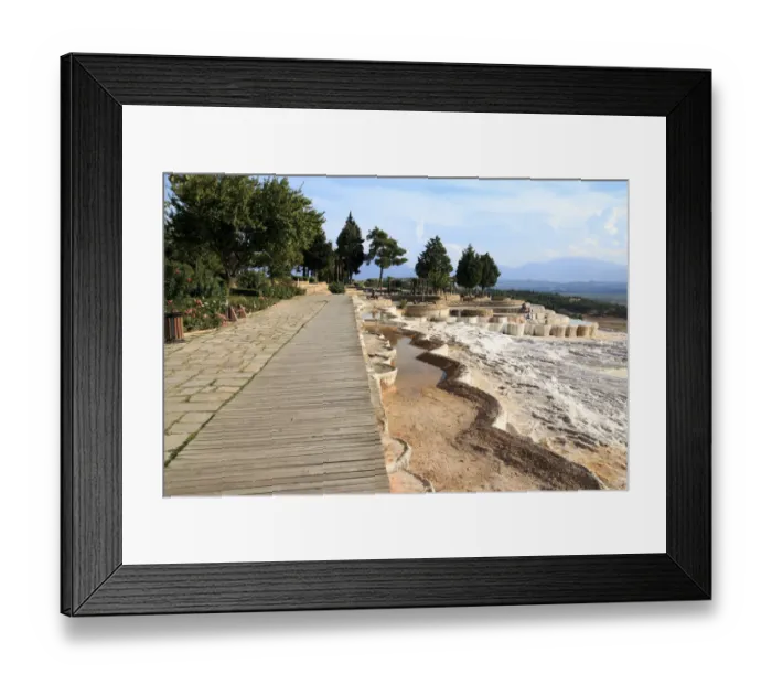 Framed Print : Cotton castle natural site of hot springs and travertines, terraces of carbonate minerals, Boardwalk above mineral pools, Pamukkale, River Menderes valley, Denizli Province, Turkey Framed Print : Cotton castle natural site of hot springs and travertines, terraces of carbonate minerals, Boardwalk above mineral pools, Pamukkale, River Menderes valley, Denizli Province, Turkey