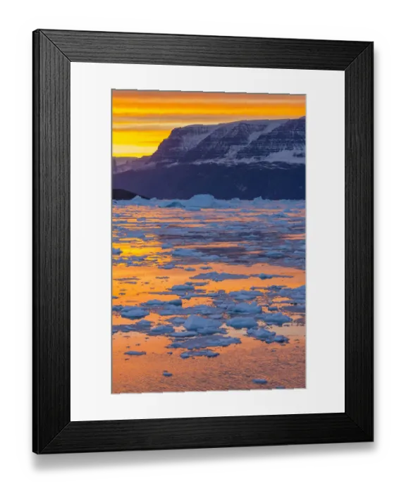 Framed Print : Sunset above icebergs and brash ice, Gasefjord, Scoresby Sund, Greenland, Denmark