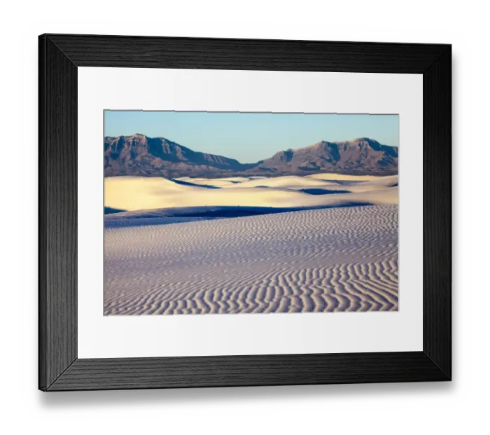 Framed Print : Dunes of White Sands National Monument with rocky mountains in background, New Mexico, USA