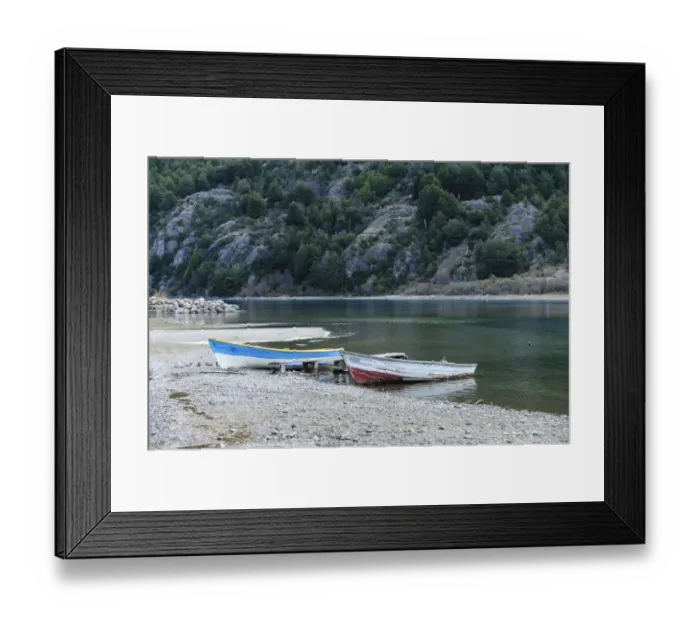 Framed Print : Fishing boats on the shore of Lago Bertrand at the mouth of Baker River, Bertrand, Aysen, Chile Framed Print : Fishing boats on the shore of Lago Bertrand at the mouth of Baker River, Bertrand, Aysen, Chile