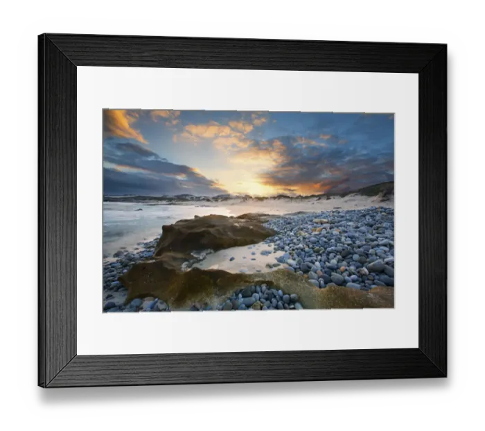 Framed Print : Clouds at sunset over a sand and pebble beach - Arniston South Africa Framed Print : Clouds at sunset over a sand and pebble beach - Arniston South Africa
