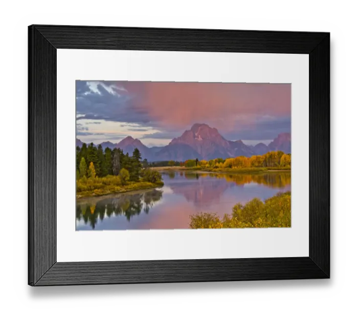 Framed Print : Autumn forests and Mount Moran at sunrise, reflecting in Oxbow Bend of Snake River at Grand Teton National Park, Wyoming, USA
